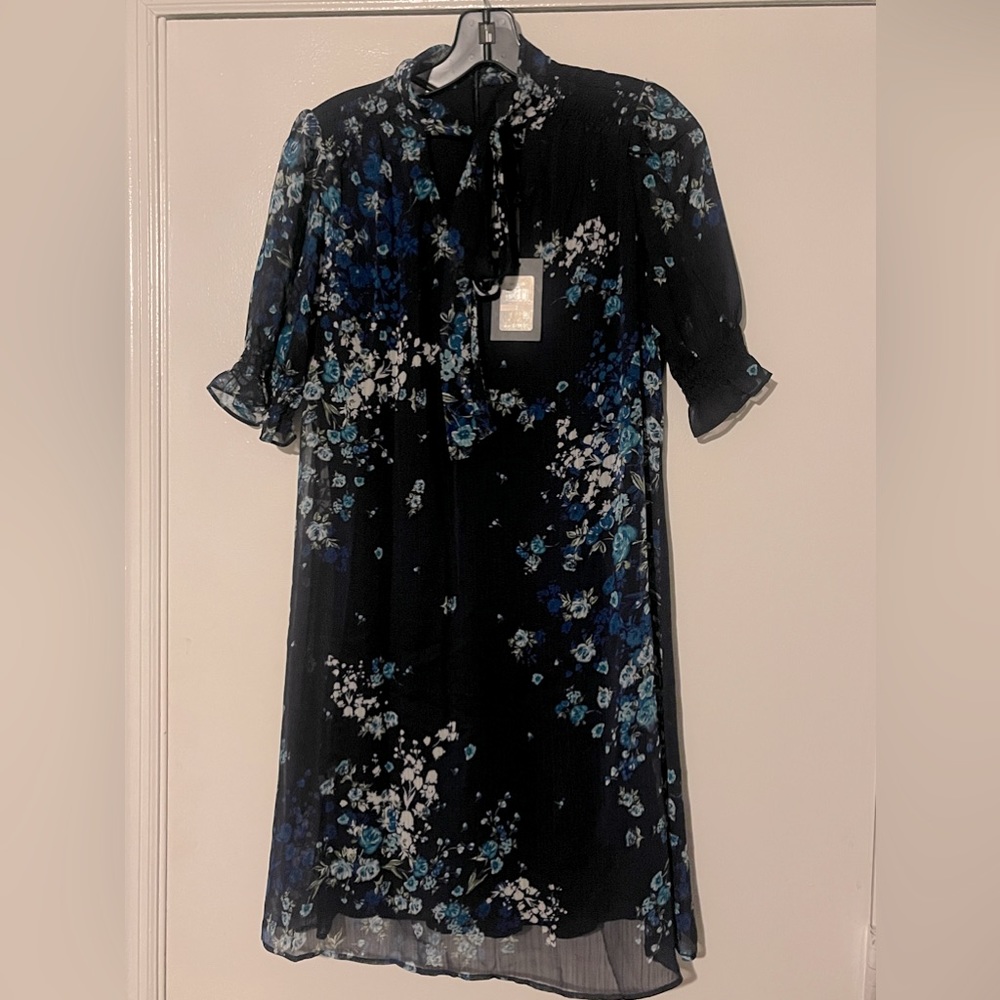 DKNY Blue Floral Tie Neck Dress